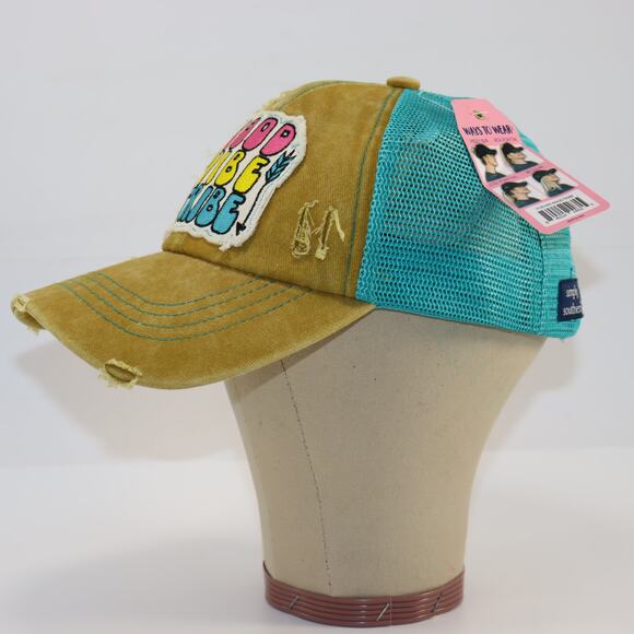 Simply Southern Good Vibe Tribe Distressed Trucker Hat Aqua Ponytail - Picture 3 of 5